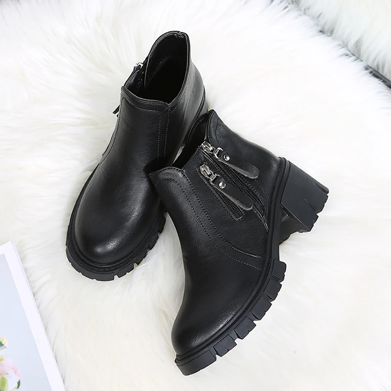 Women's Ankle Pu Leather Platform Casual Boots 2022 Autumn New High Heel Fashion Zipper Round Head Square Heel Women's Boots