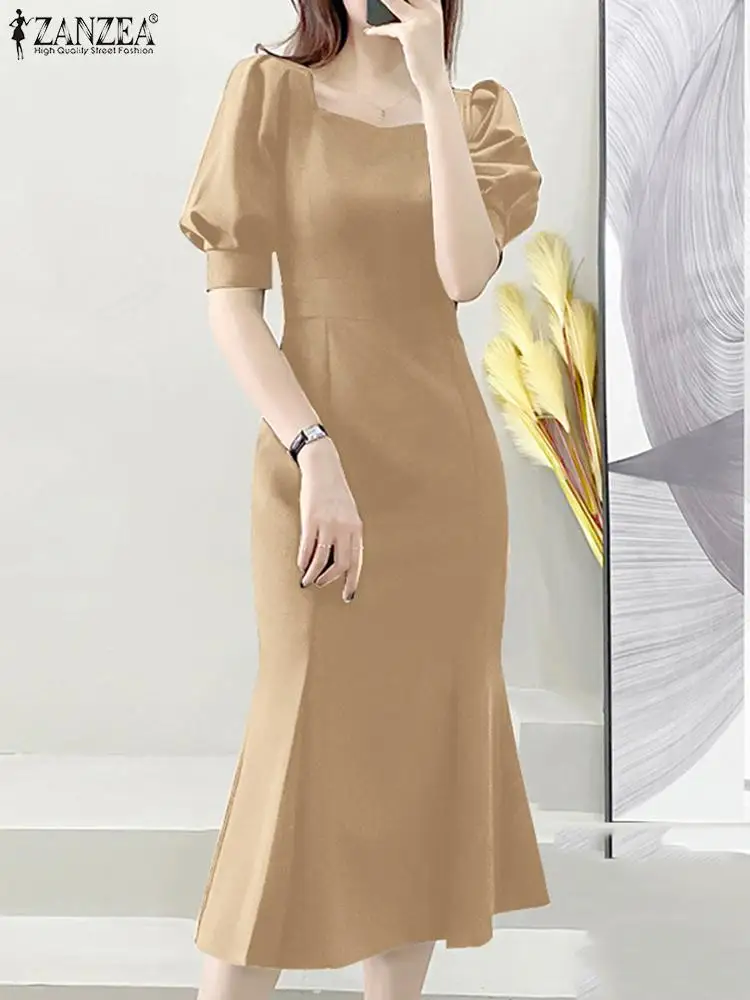 

Элегантное женское платье-Русалка ZANZEA, Модный пикантный сарафан средней длины с поясом, с коротким рукавом-фонариком и квадратным вырезом, праздничное длинное платье