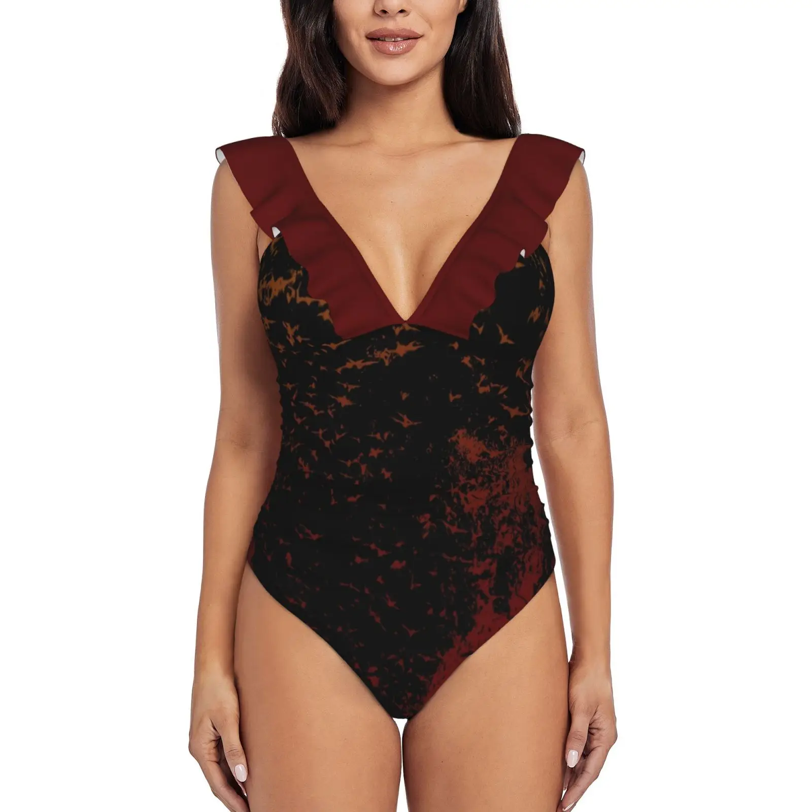 

Женский слитный купальник с глубоким V-образным вырезом и воланом