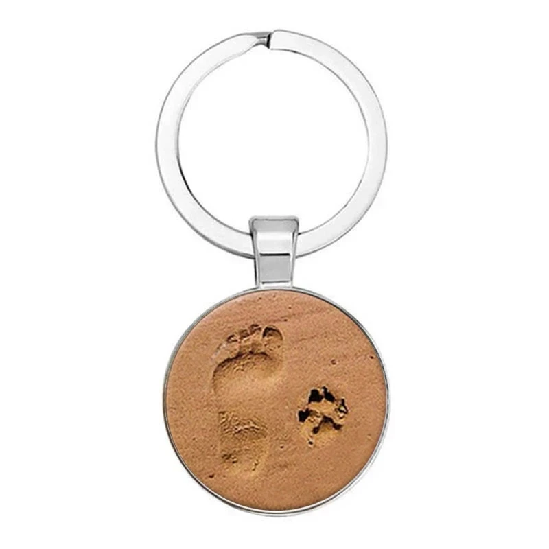 

Beach Little Feet Pendant Keychain Retro People Dog Footprints Time Gemstone Glass Fashion Key Chain 25mm Alloy