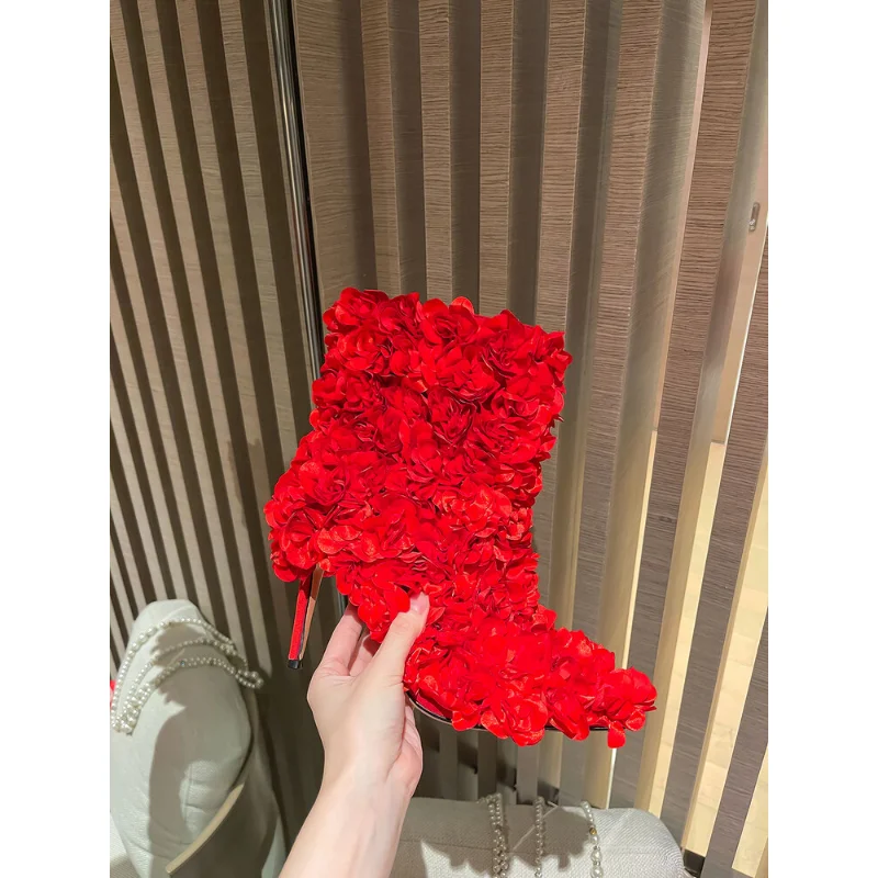 European and American Flower Red and Black New High Heeled Leather Slim Heeled Women's Boots with Zipper and Ankle Short Boots