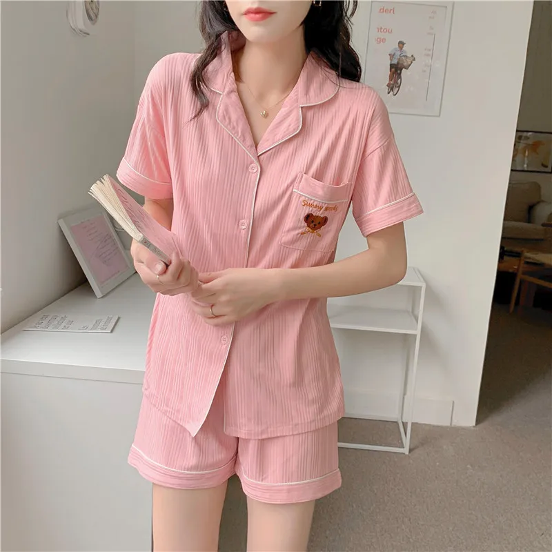 CAIYIER Women Embroidery Bear Sleepwear Lovely Female Nightwear Girl Cardigan Short Sleeve Top & Shorts Kawaii Summer Loungewear
