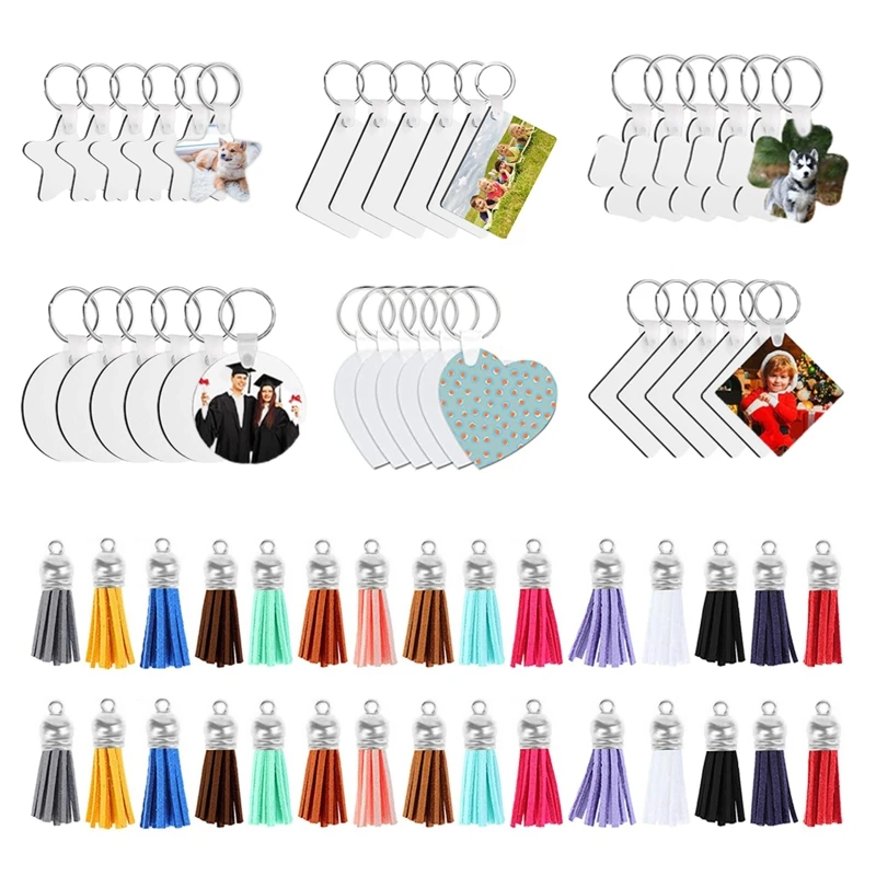 

30 Pcs Sublimation Blank Keychains + 30 Pcs Colorful Leather Tassel Set Double-Side Printed Thermal Transfer for KEY Cha