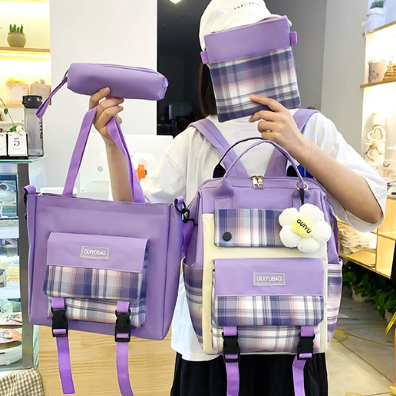 4 Pcs Set Children Shoulder Bag Cute Teen Girls Boys Book Bag Women School Bag Canvas Backpack Mochila Large Capacity Travel Bag