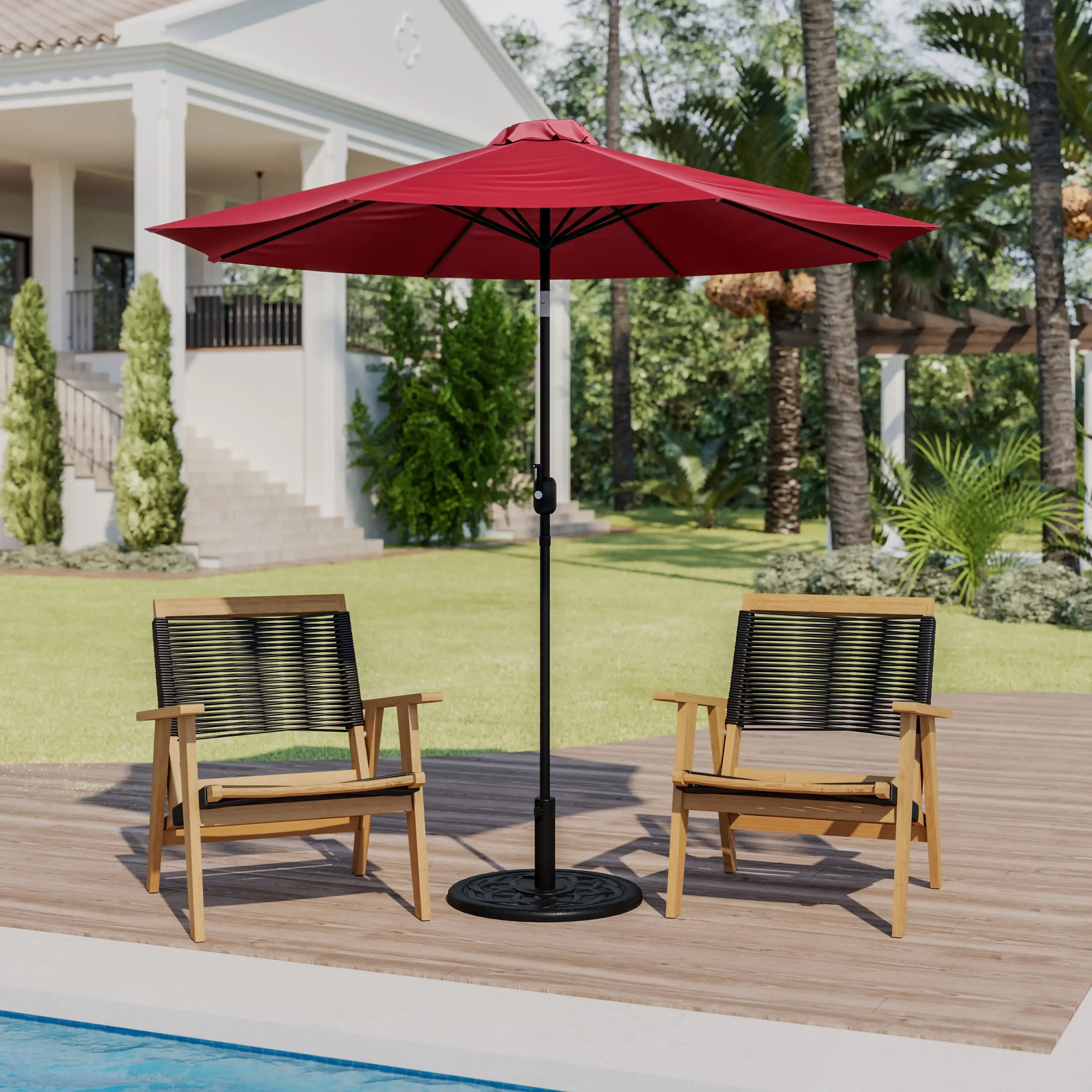

Flash Furniture Kona Red 9 FT Round Umbrella with Crank and Tilt Function and Standing Umbrella Base