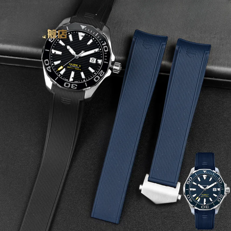 

For Tag Heuer Concept F1 Silicone Diving 300 Rubber Arc Interface Fold Buckle Black Blue Stripe 22mm with Tool Watch Strap