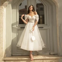 boho short glitter off the shoulder wedding dress for women sweetheart neck point net tulle tea length bridal gowns custom made