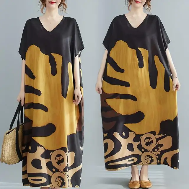 

Women Summer New Leave Printing Sexy Dress Ankle Length Casual Linen V Neck A Line Pullover Loose Sleeveless Vestido M207