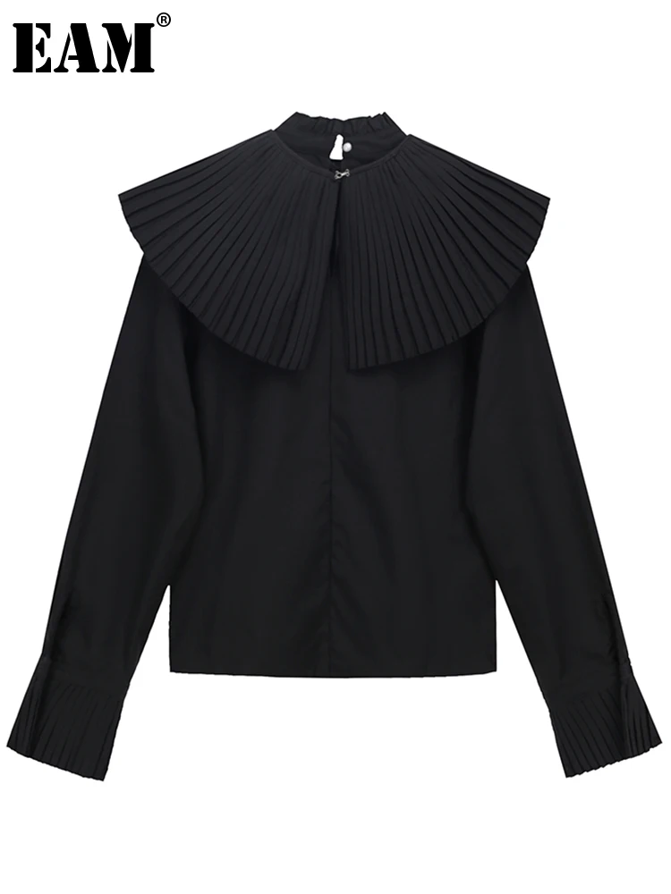 

[EAM] женская черная плиссированная винтажная блузка, новая свободная рубашка с воротником-стойкой и длинным рукавом, модная весенне-осенняя ...