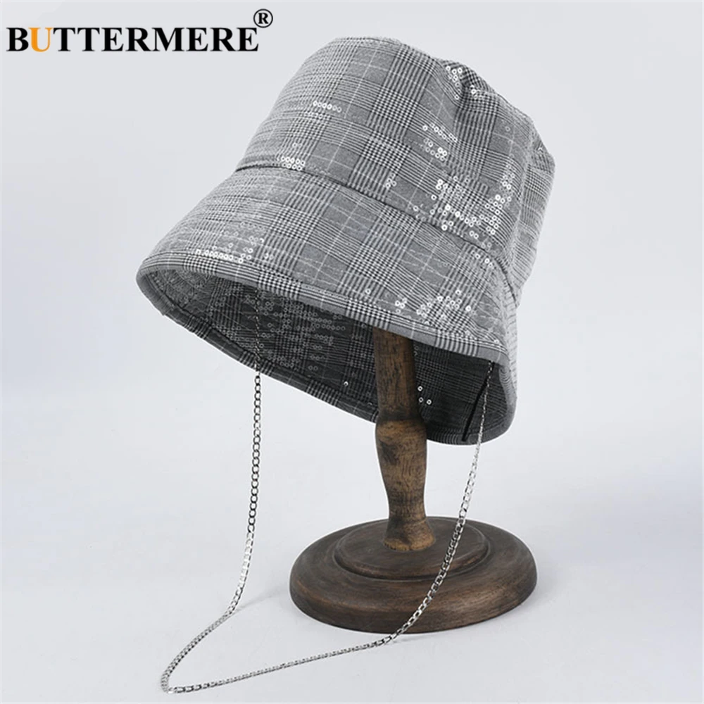 Женская винтажная складная шляпа BUTTERMERE Paillette серая с цепочкой и защитой от солнца