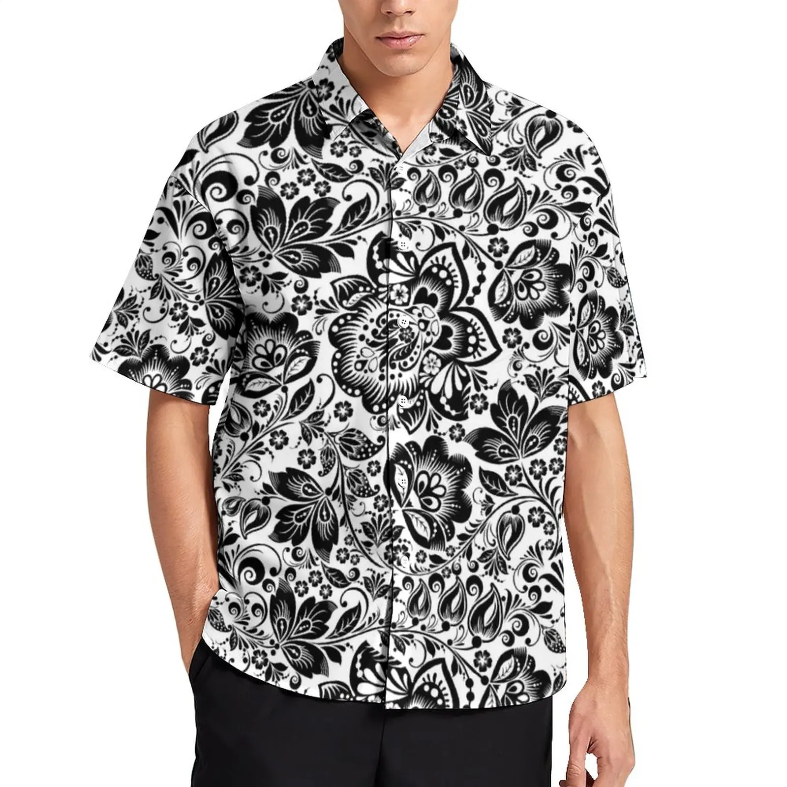 

White Baroque Floral Loose Shirt Beach Retro Flowers Print Casual Shirts Hawaii Graphic Short Sleeve Novelty Oversize Blouses