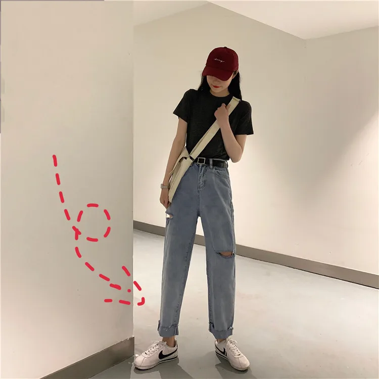 N2714   High-waisted jeans women's new straight-leg ripped loose wide-leg pants trousers jeans