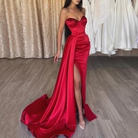 red satin prom dress mermaid sweetheart sleeveless sexy prom gown 2022 thigh slit draped backless formal womens evening dresses