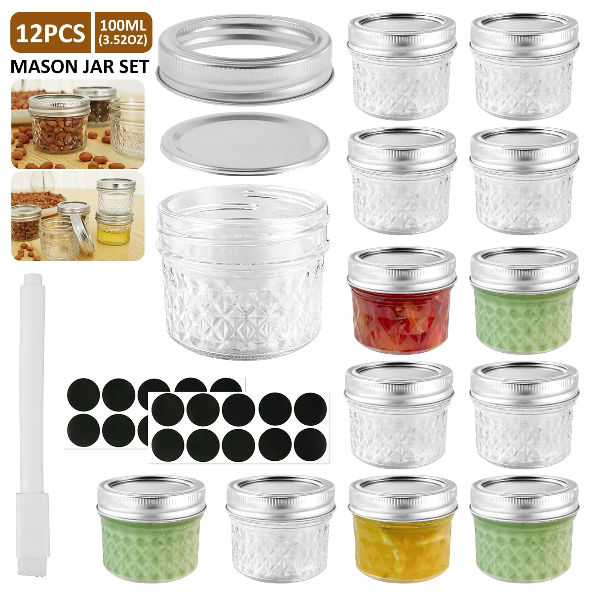 

New 12Pcs Mini Mason Jars 100ml Sealed Transparent Small Glass Canning Jar Stackable Mason Jar with Lids and Stickers