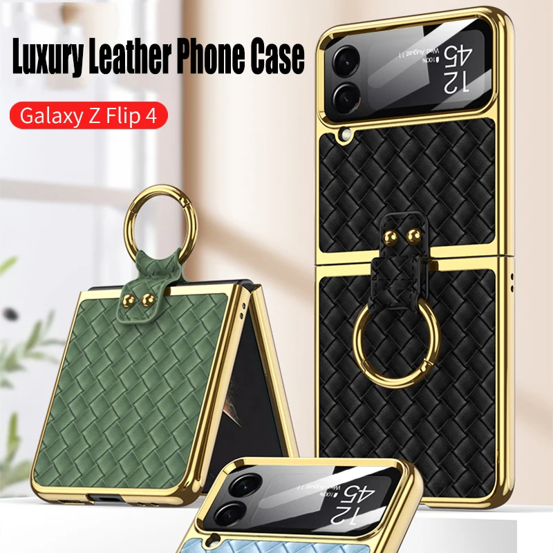 

With Metal Ring Plating PU Leather Cover For Samsung Galaxy Z Flip 4 5G Case Luxury Built-in Screen Protector Coque Fundas New