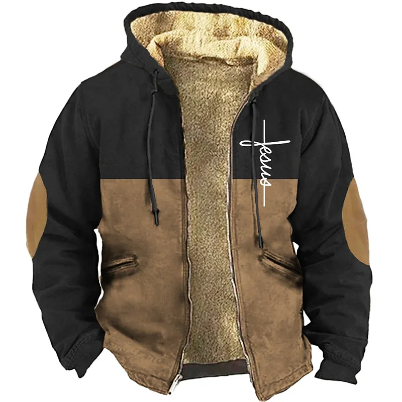 

Winter Jackets Men Zip-up Fleece Male Coats Hoodies Jesus Christ Print Padding Parka Clothing Windbreaker Sweatshirts Outerwears