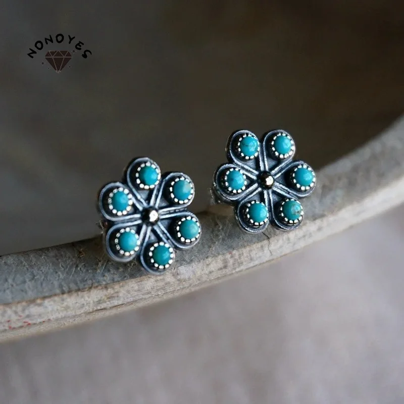 

Bohemian Vintage Turquoise Stud Earrings for Women Flower Antique Silver Earrings Jewelry Party Gift 2022 New Earrings for Women
