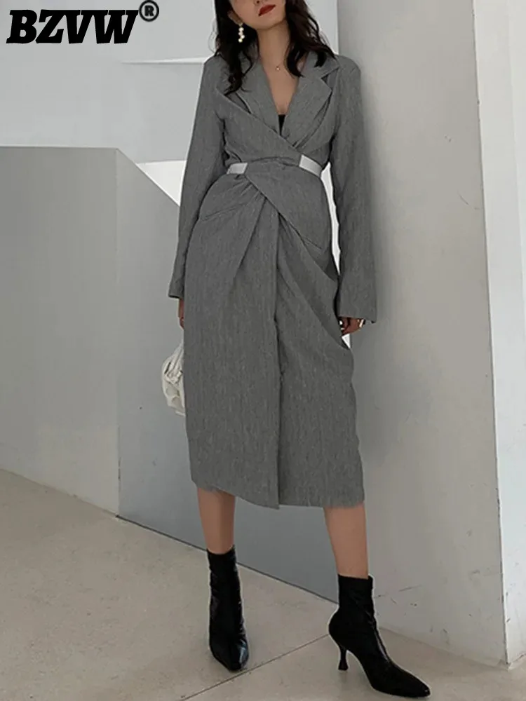 

Платье BZVW женское с V-образным вырезом, модное дизайнерское офисное платье средней длины, серого цвета, 25X3352, весна-осень 2023