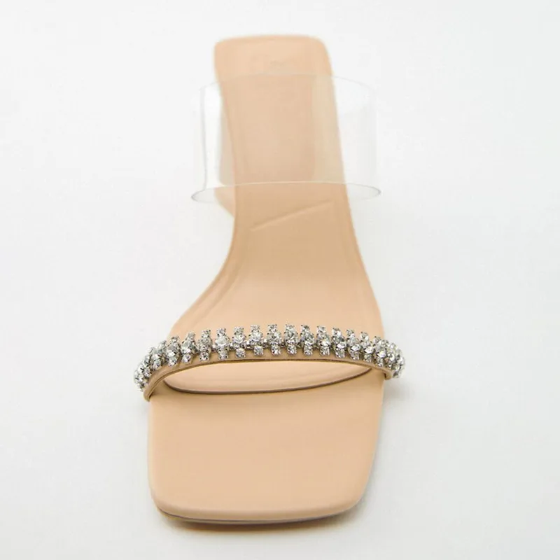 TRAF Summer High Heels Women Rhinestone Heeled Heels Woman Pumps Open Toe Transparent One Chunky Heel Sandals Lady Shoes