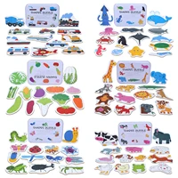kids cute wooden cartoon pattern shape cognition puzzle flash card traffic ocean animal vegetable matching learning cards toy