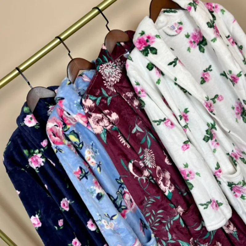 Women's Robe Flannel Nightgown In Winter Thickening Soft Warm Garden Flower Pajamas Nightdress