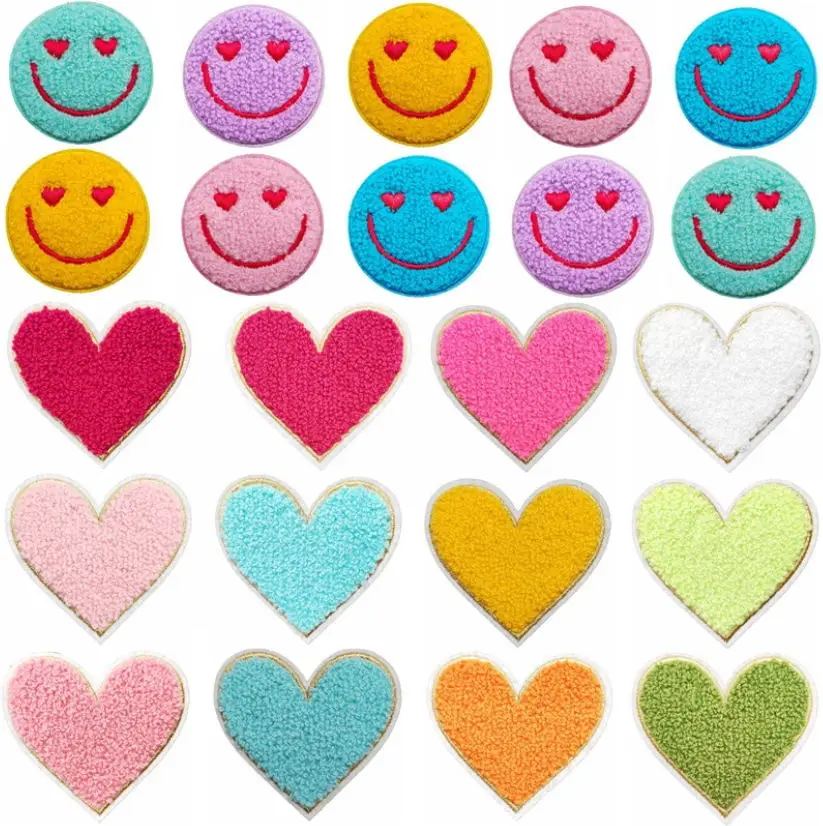 

28 Skus 10 Pcs Towel Heart Face Embroidered Patch Iron Sew On Motif Applique Fabric Clothing Hat Bag Shoe Decor Repair Accessory
