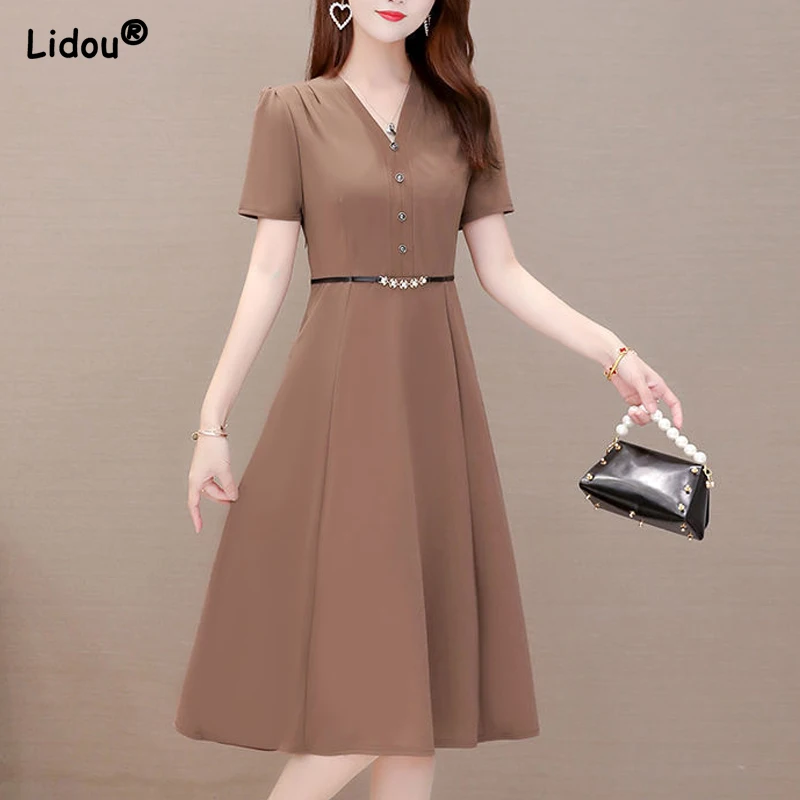 

Elegant Fashion Summer Dress Women 2022 Solid Color V-neck Simple Short Sleeve Empire Belt A-line Skirt Slender Clothing Female