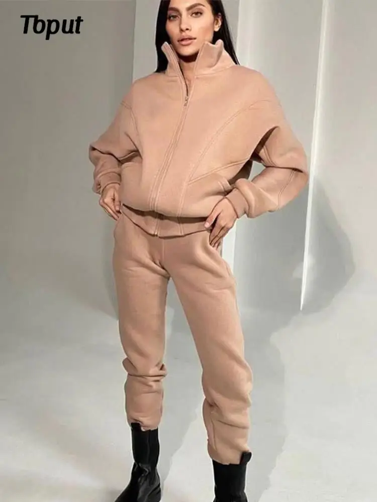 

Casual Zipper Thick Jacker And Pencile Pants Two Piece Set Women Soild Fleece Coat Straight Trousers Suits Autumn Warm Outfits