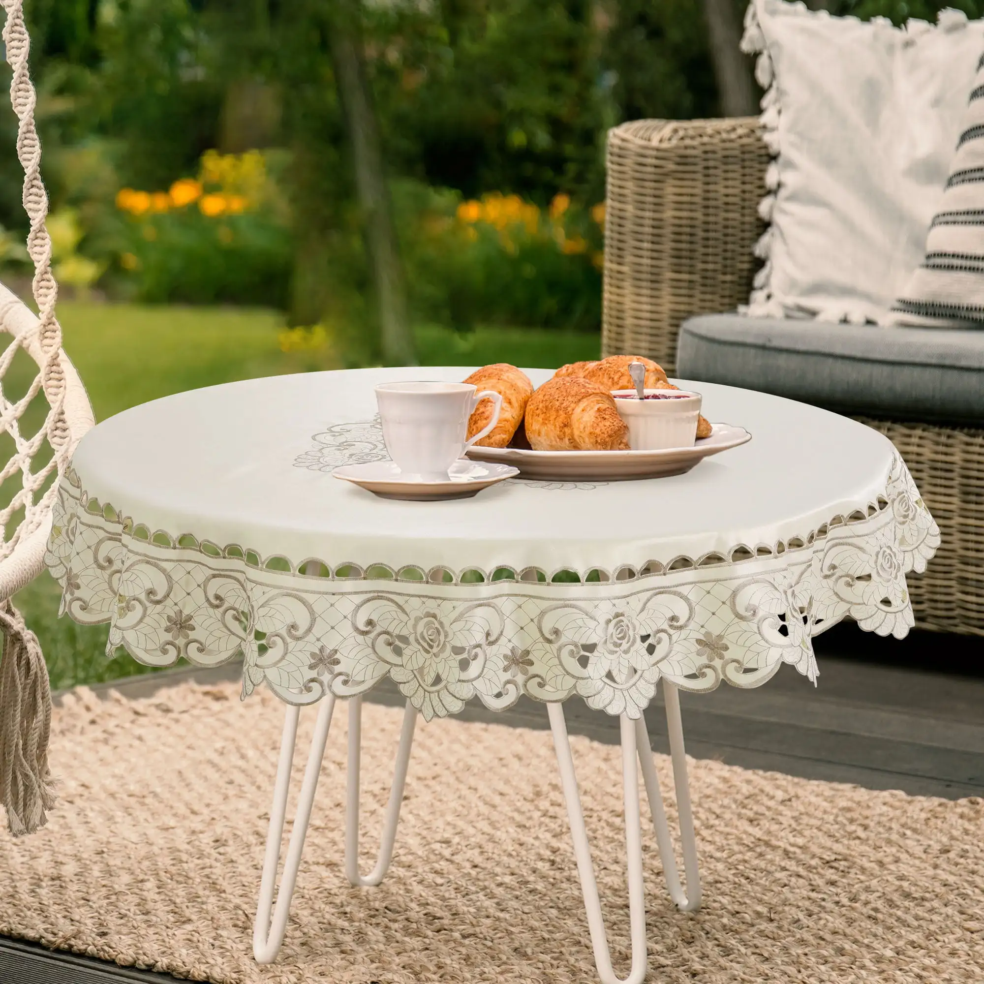

Linen Rose Embroidered Round Tablecloth 48" Dia Waterproof