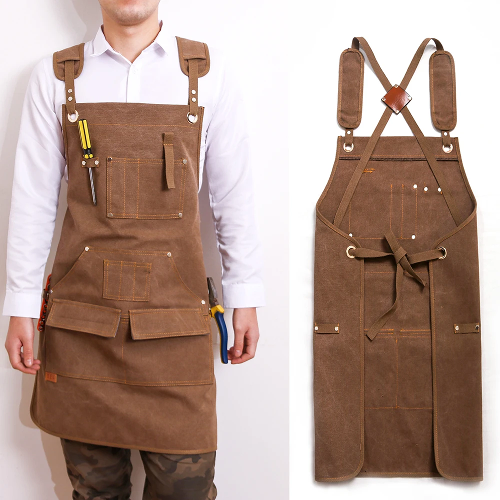 

Canvas Apron with Tool Pockets For Woodworking Painting Craft Cafe Adjustable Cross-Back Straps Unisex