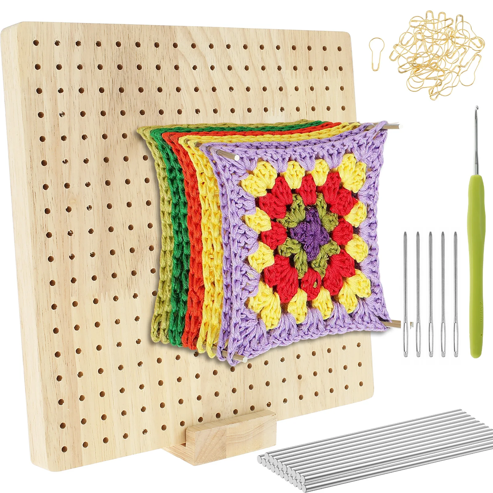 

9.25inch Crochet Blocking Board with 20 Steel Rod Wooden Knitting Blocking Board with Stand Reusable Granny Square Blocking