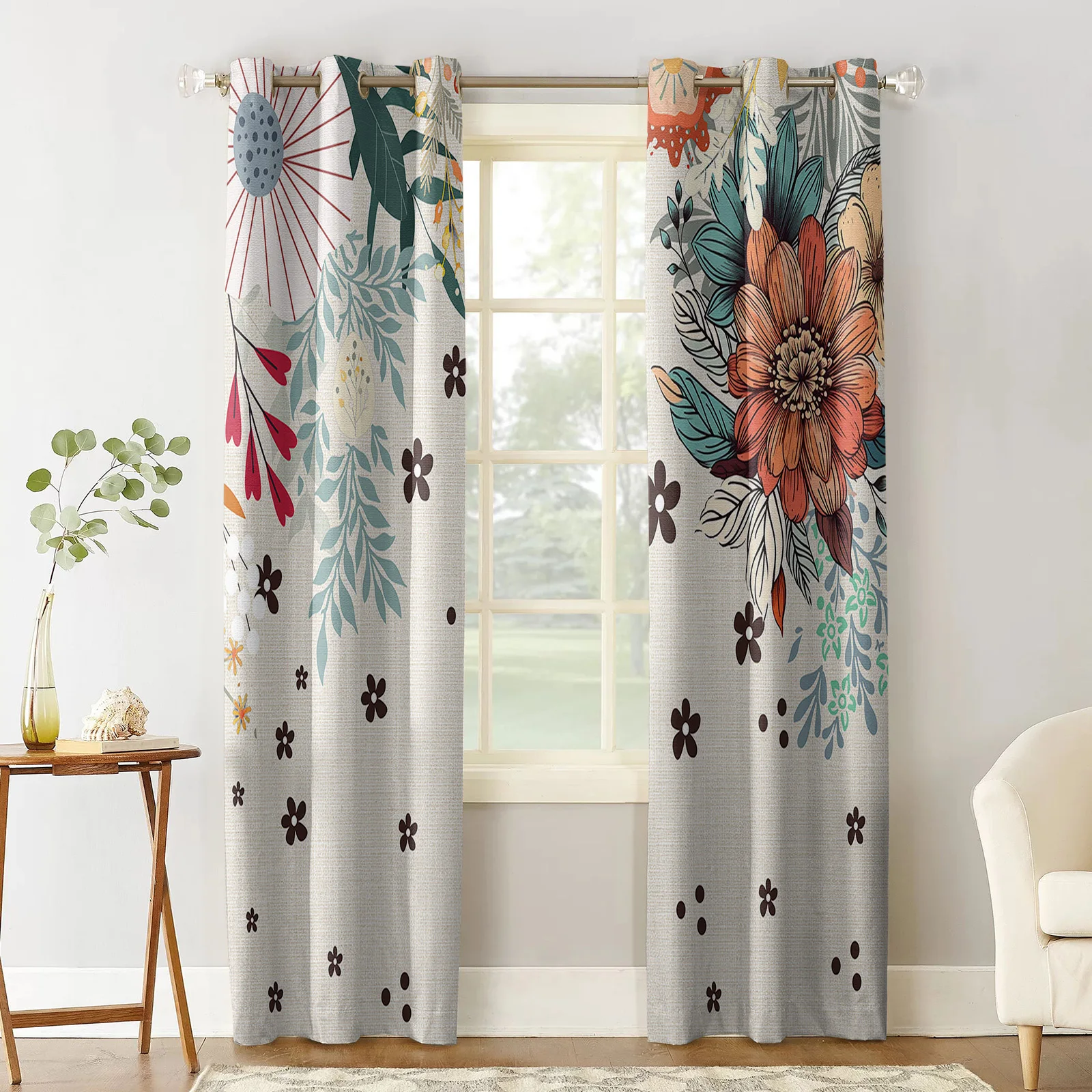 Занавески на окна в богемном абстрактном стиле с цветочными растениями