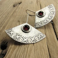 tribal round inlaid red zircon hook earrings vintage jewelry ethnic silver color metal carving pattern dangle earrings