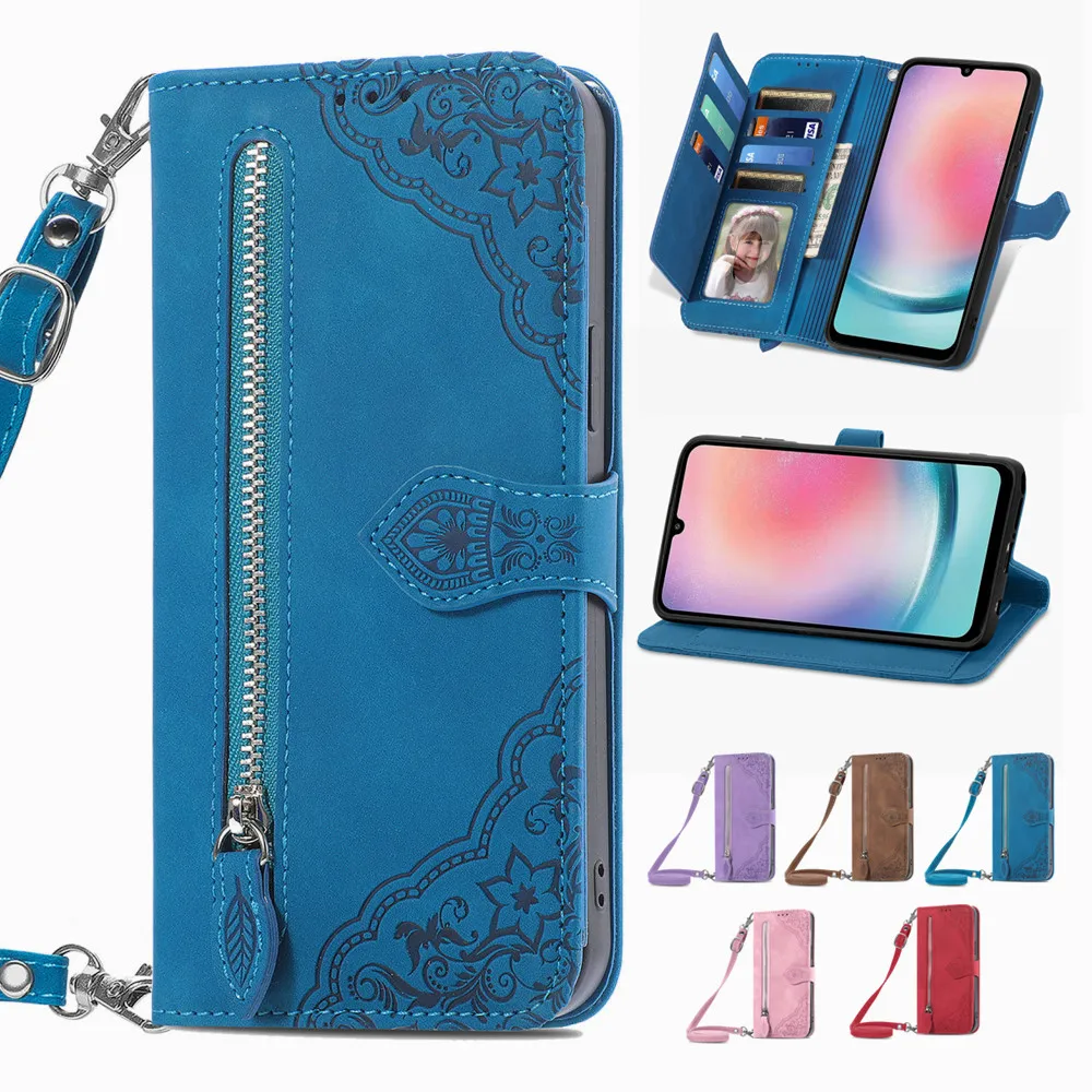 

Flip Cover for Xiaomi POCO F5 Pro 5G C51 C55 X5 C31 C40 X3 GT X4 NFC M4 Women Zipper Bag Crossbody Lanyard Wallet Leather Case