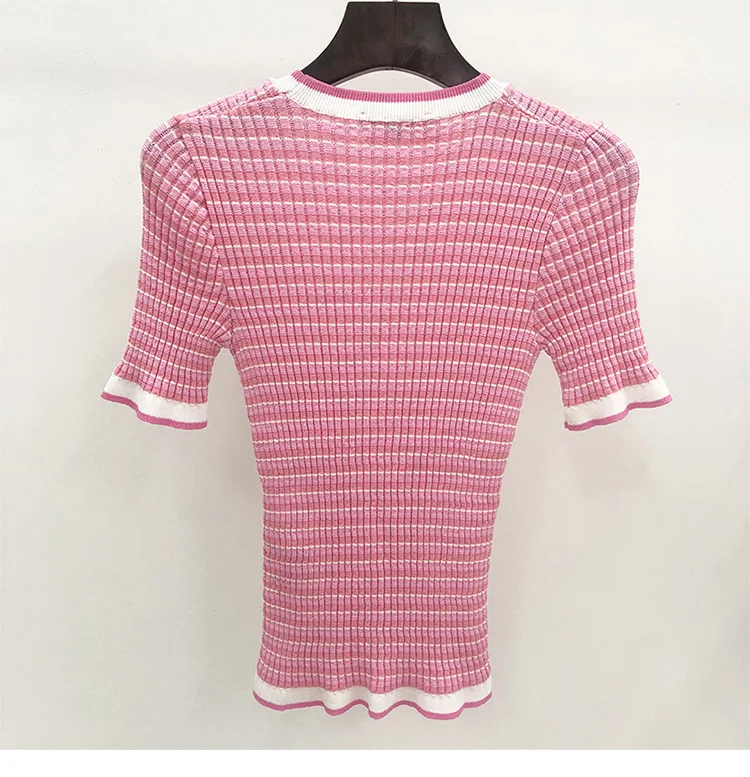 

New 2023 Women's Letter Embroidery Striped Knit Sweater Summer Women Round Neck Simple Versatile Slim T-shirt