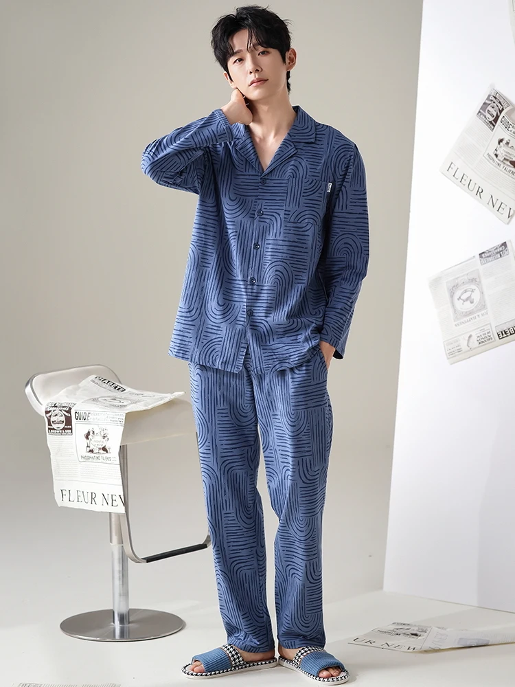 Finteng 2024 Spring and Autumn New Men's Cotton Pajamas Casual Cardigan Long sleeve Set Home Wear Can Be Worn outside
