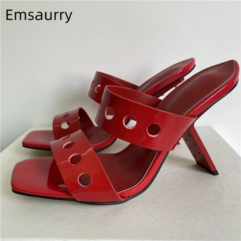 

Metal Bent-Strange Heel Sandals Women Fretwork Genuine Leather Narrow Band Square Open Toe Slingbacks Mules Summer