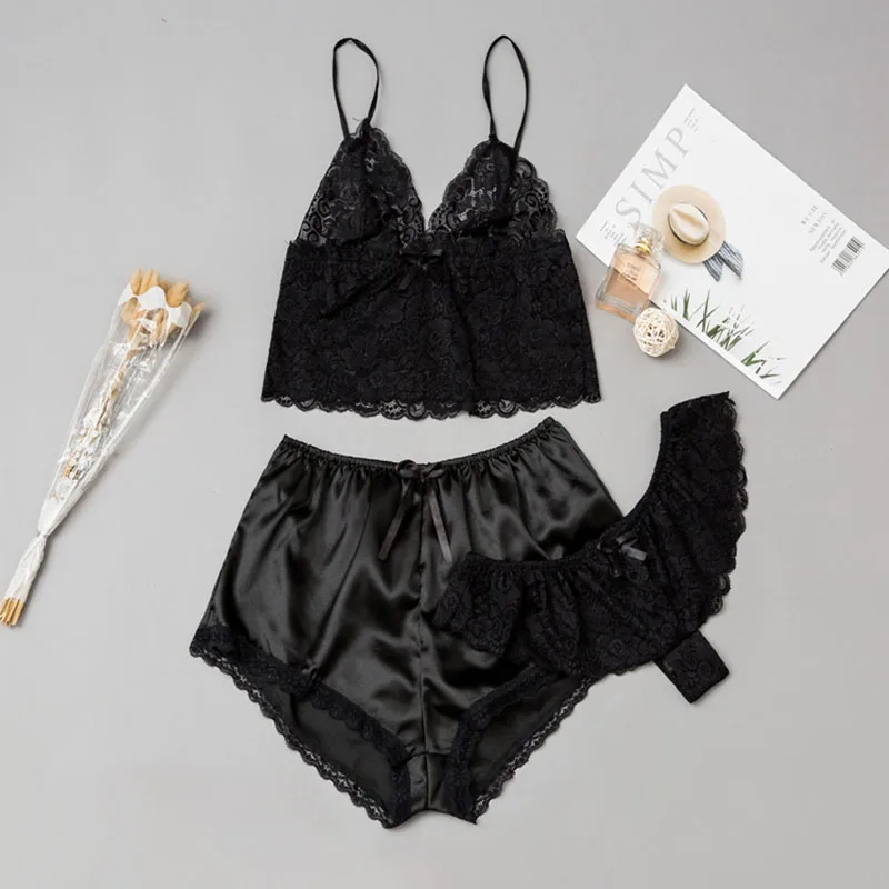 Women's Sleepwear 3 Pieces Satin Silk Sleepwear Lace Sling Top Shorts and Lingerie Pajamas Set