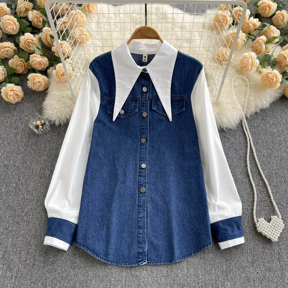 

Белая сшитая джинсовая рубашка в гонконгском стиле, Топ с длинным рукавом для отдыха, весна 2022