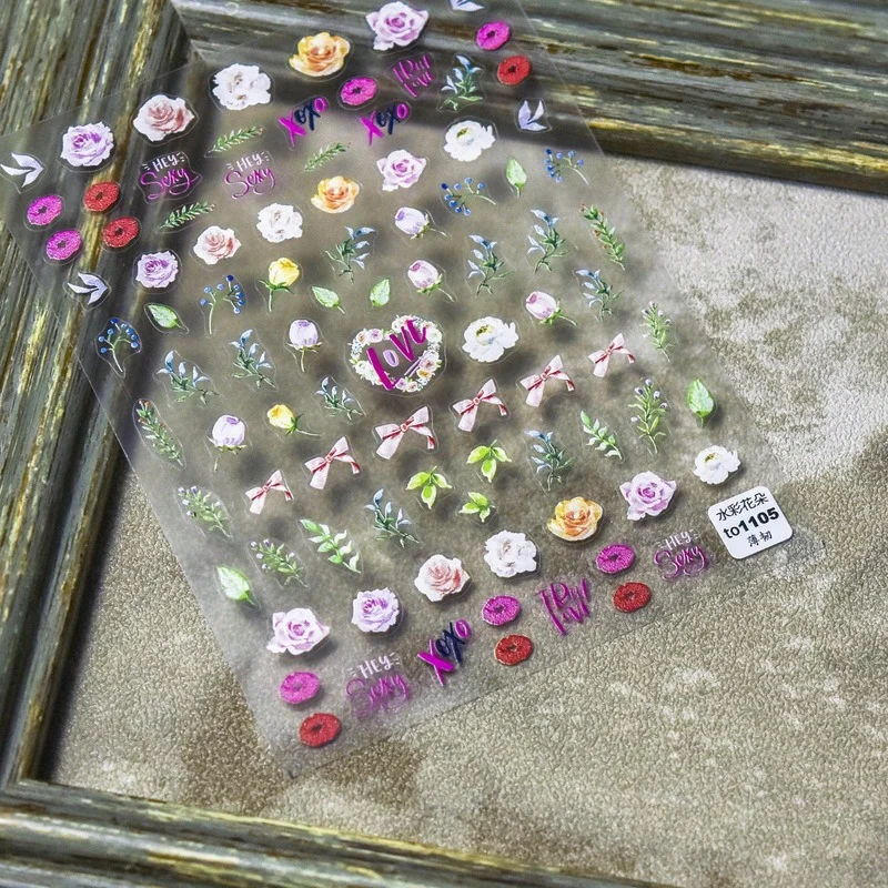 

2022 Valentines Day Love Sexy Lip Rose Flower Green Leaf 5D Acrylic Nail Art Sticker Adhesive Slider Decal Stickers for Nails