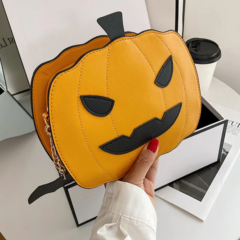 2022 New Fashion Girl Halloween Pumpkin Shaped Demon Small Crossbody Leather Shoulder Bag  Fashion Chain Casual Purse Handbag