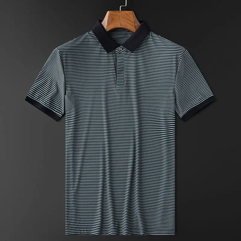 

2022 Summer New Fashion Ice Silk Polo Shirt Striped Tops Men Short Sleeve Casual Slim Polos Camisa Masculina Mens Clothing R76