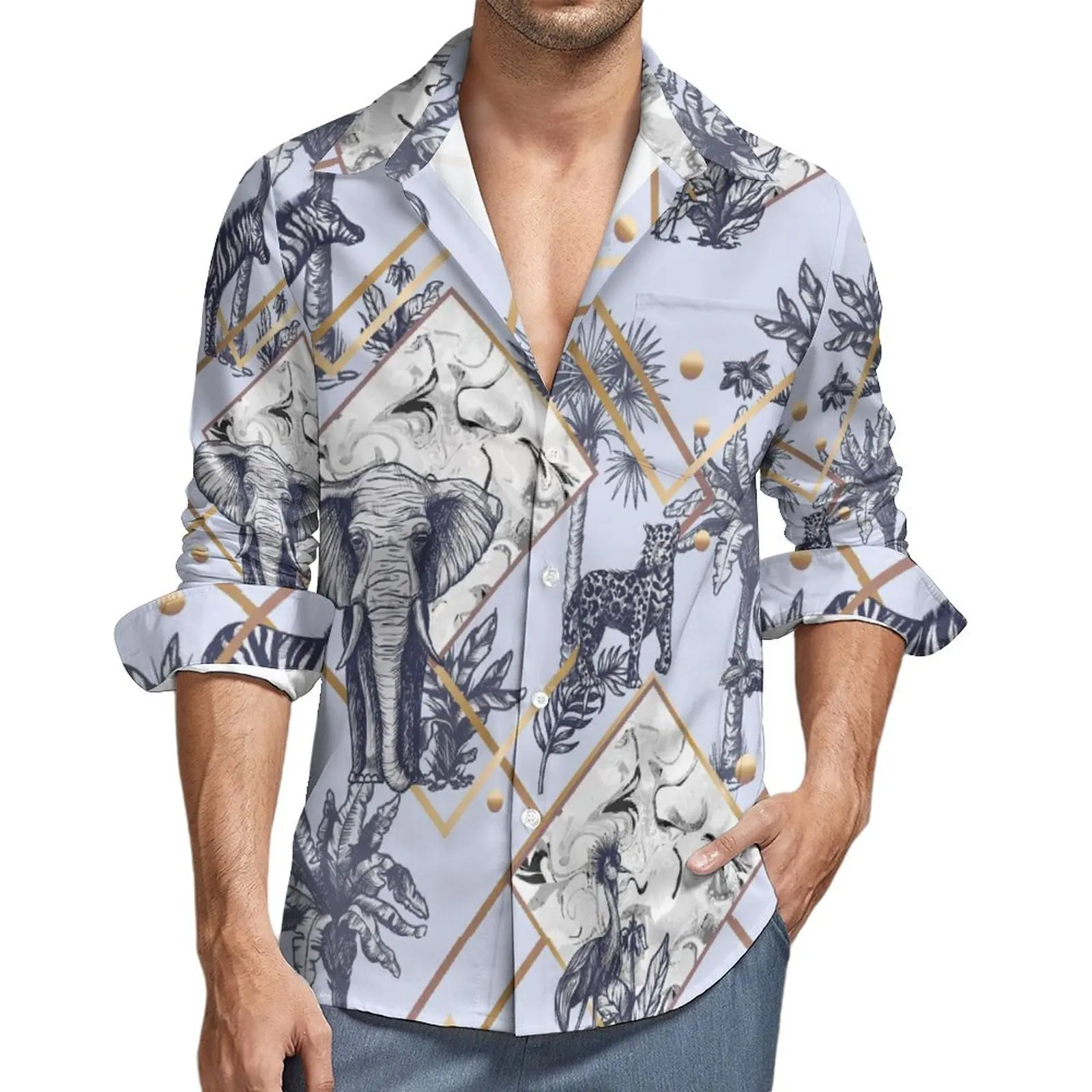 

Рубашка в виде слона, осенняя Повседневная рубашка с принтом животных дикой природы, мужские винтажные блузки, уличная одежда большого разм...