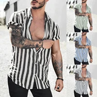 mens shirts 2022 spring summer new mens lapel striped cardigan linen short sleeve shirt men