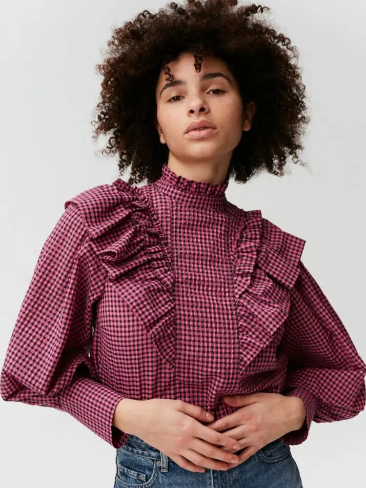 

Новинка весны 2022, блузка с оборками и воротником-хомутом в клетку, Женский Топ