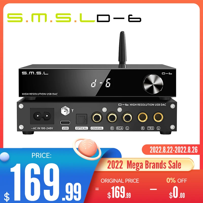 SMSL D-6 Decoder Dual Ak4493s Suport DSD512 PCM 768kHz/32Bit D6 DAC Bluetooth 5.1 SBC/AAC/APTX/APTX HD/LDAC With Remote Control