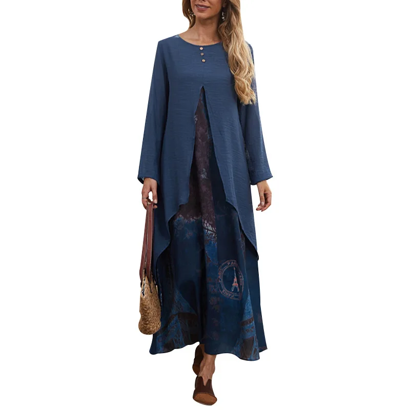 New Abaya Muslim Women's Robe Simple Fashion Fake Two-Piece Style Print Long Dress Dubai Arab Islam Femme Elegant Casual  Dress