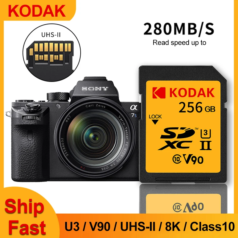 

KODAK SD Card 256G SDHC SDXC UHS-II Cards C10 U3 V30 4K V90 8K UHS-I Full HD Video Extreme Flash Memory Card for Carame