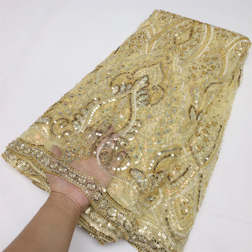 

Новинка 2022, роскошная кружевная ткань золотого цвета с вышивкой, сетчатая кружевная ткань с 3D бисером, свадебная кружевная ткань LY1742
