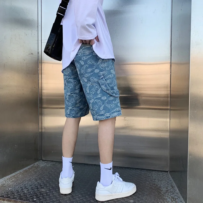 Summer Ins Cashew Flower Print Loose Denim Shorts Men's Korean Fashion Hip-hop Bf Five-point Thin Casual Denim Jeans Streetwear